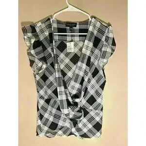 Laundry By Shelli Segal Women's XL Black &White Wrap Blouse Short Flutter Sleeve
